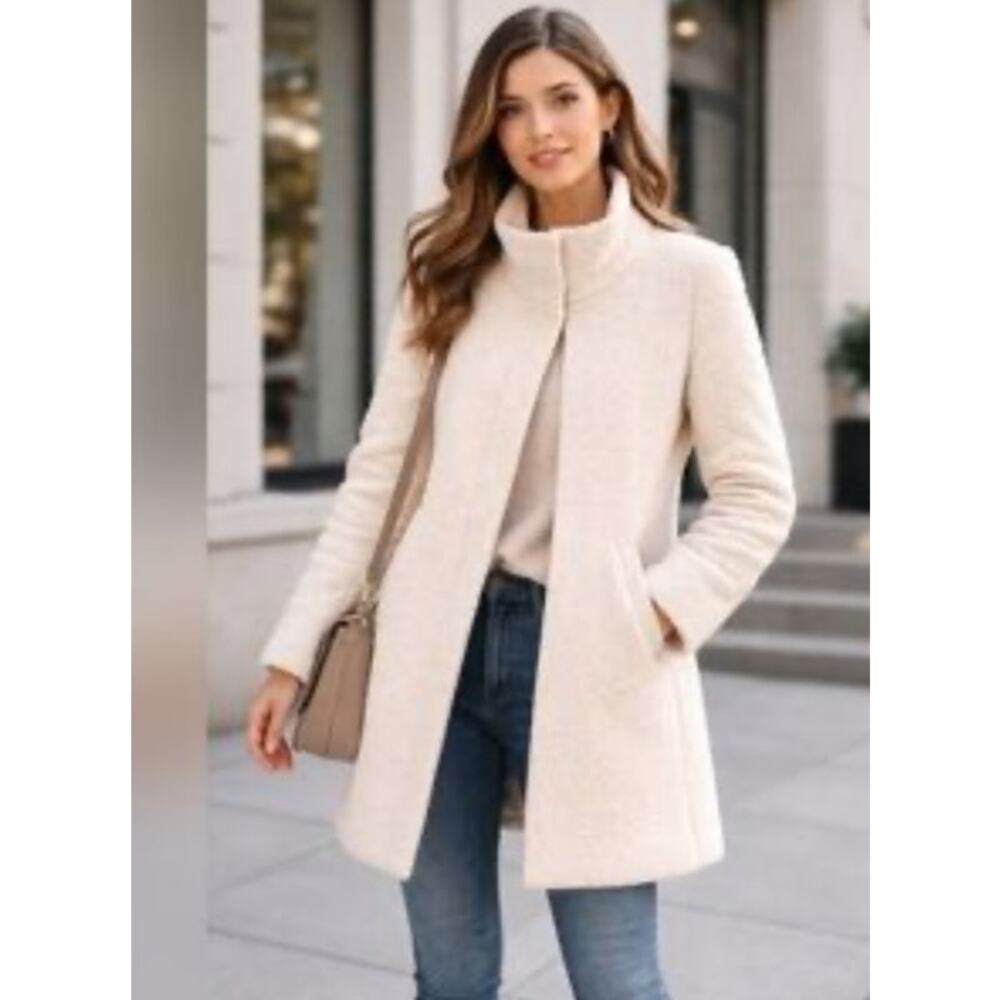 Ann Taylor LOFT Womens Wool Funnel Neck Plush Teddy Ivory Winter White Coat XL